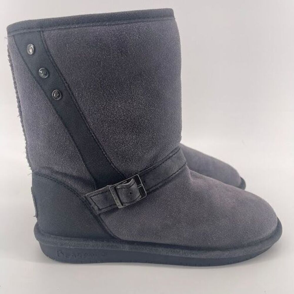 Bearpaw Gray Suede Mid-Calf Boots with Buckle Detail and Decorative Buttons